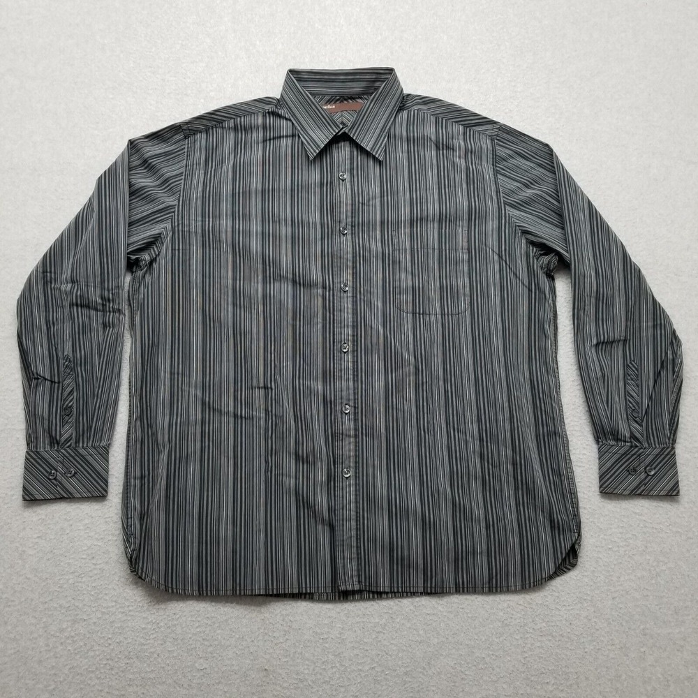 Perry Ellis Shirt‎ Mens XL Gray Striped Button Up Long Sleeve Pocket